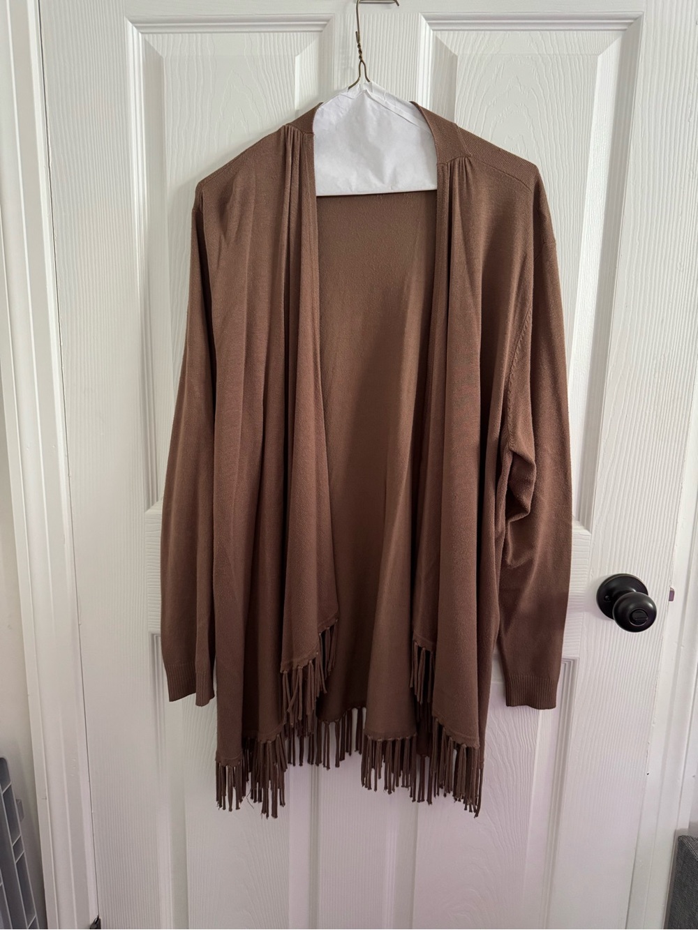 Chelsea & Theodore Open-Front Fringe Cardigan in Brown